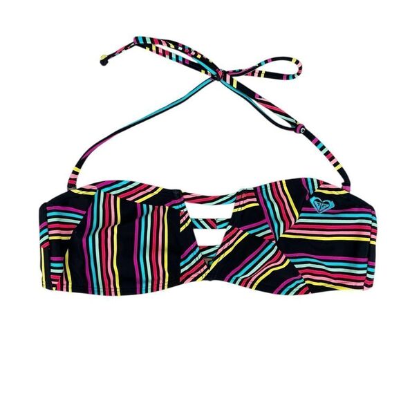 Roxy Sun Runner 3 Strap Black Multi Bandeau Bikini Top Medium - Picture 3 of 7